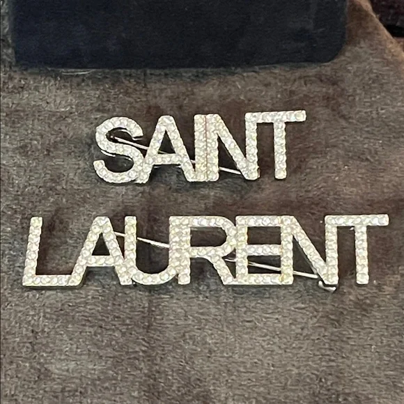 Crystal Silver Tone Saint Laurent Logo Two Piece Brooch Set - Picture 3 of 7